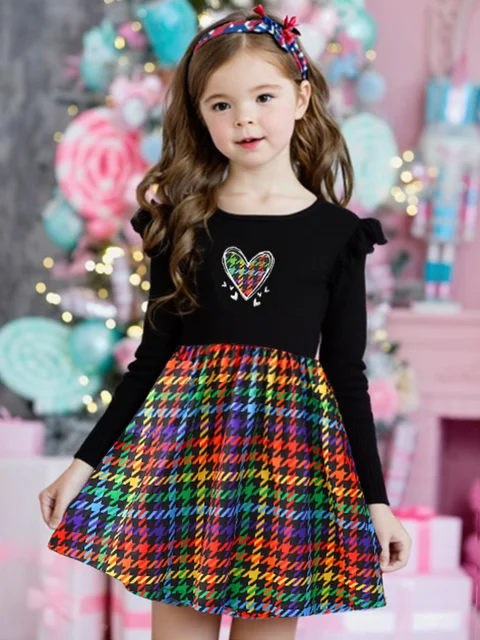 Robe de printemps et d'automne pour filles, motif cœur, tissu côtelé confortable, robe de princesse décontractée pour enfants de 1 à 8 ans 1