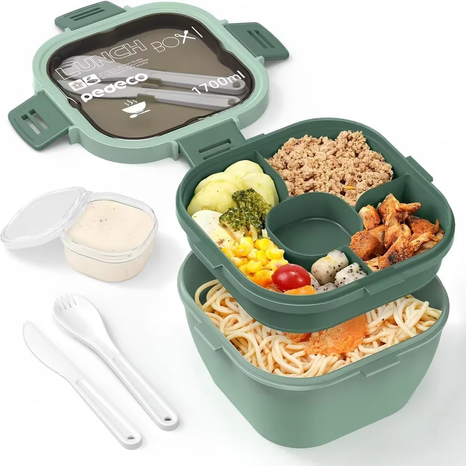 All-in-One Salad Container - Large Salad Bowl, Bento Box Tray, Leak-Proof Sauce Container, Dishwasher/Microwave Safe