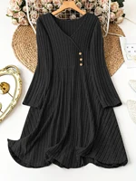 Plus Size Women's Solid Color V-Neck Long Sleeve Pit Stripe Dresses
