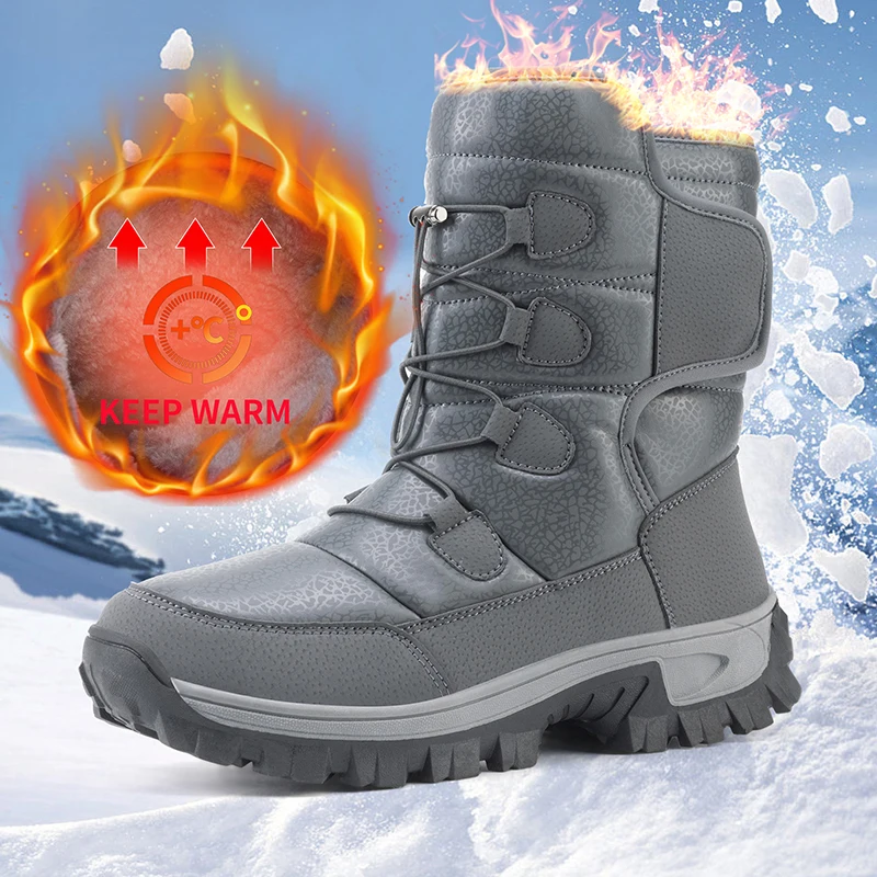 New Warm Men Plush Snow Boots High Top Winter Men's Boots Waterproof Winter Motorcycle Boots Outdoor Anti-Slip Men Hiking Boots