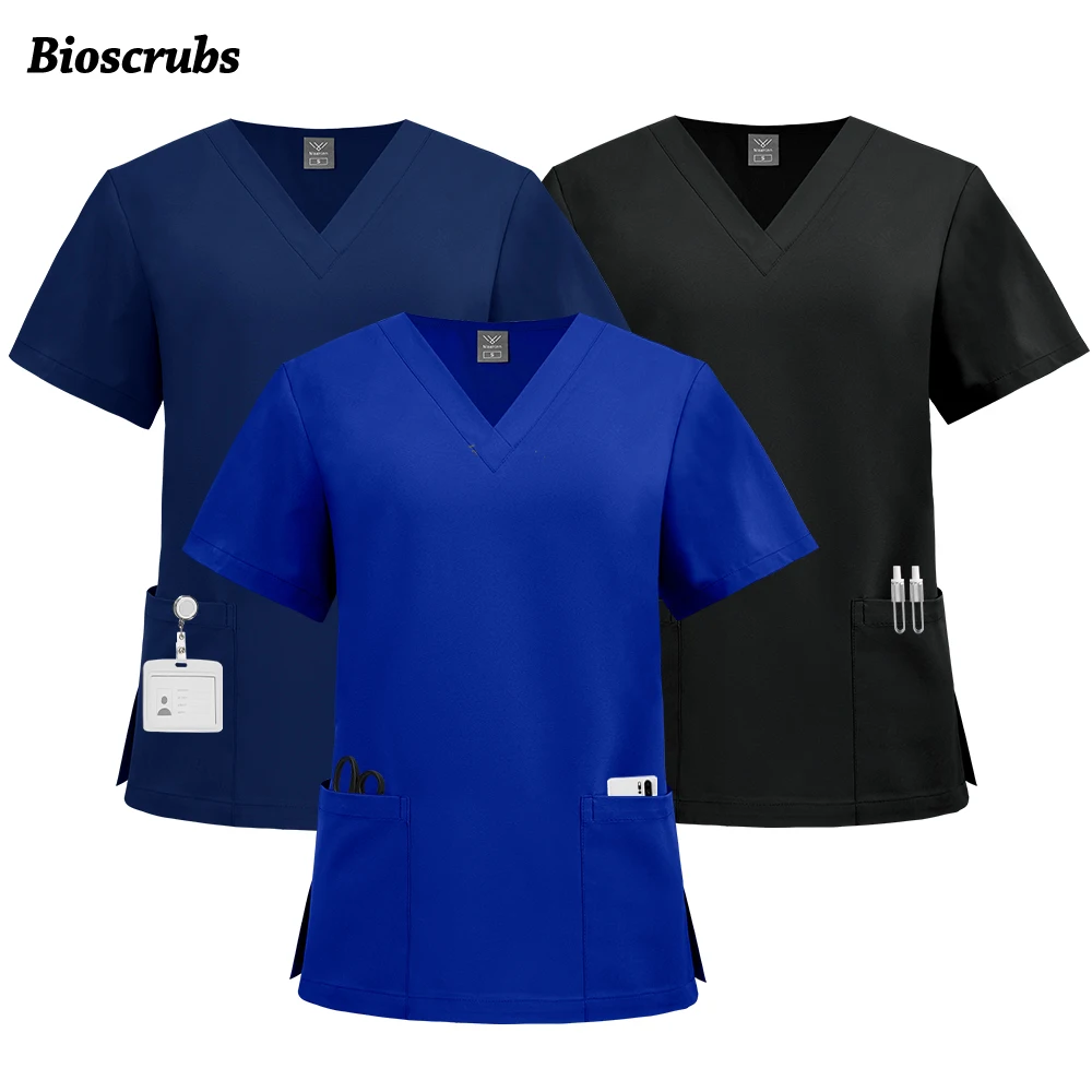 Vêtements médicaux de haute qualité pour femmes et hommes, poches, séchage rapide, couleur unie, chemise de travail, chemisier de médecin et d'infirmière, vente en gros, haut de gommage