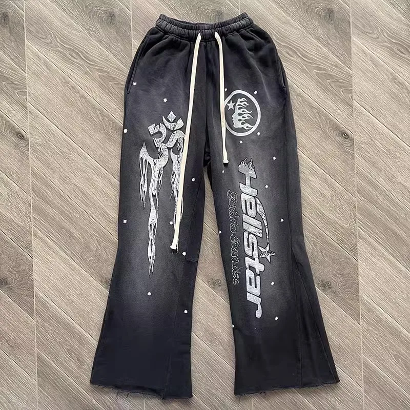 

Washed Hellstar Flare Black Flame Sweatpants Men Women Vintage Jogger Drawstring Flare Pants gym