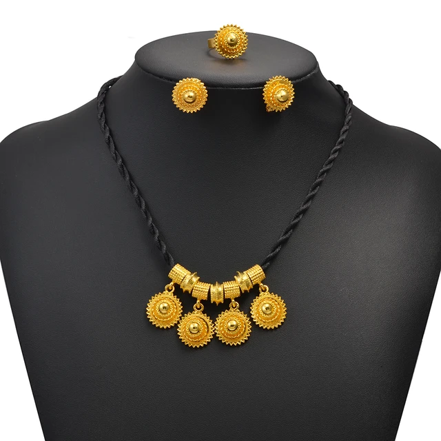 Anniyo New Ethiopian Jewelry Sets Black Rope Earrings Rings African Ethnic Eritrean Habesha Engaged Accessories #195716 4