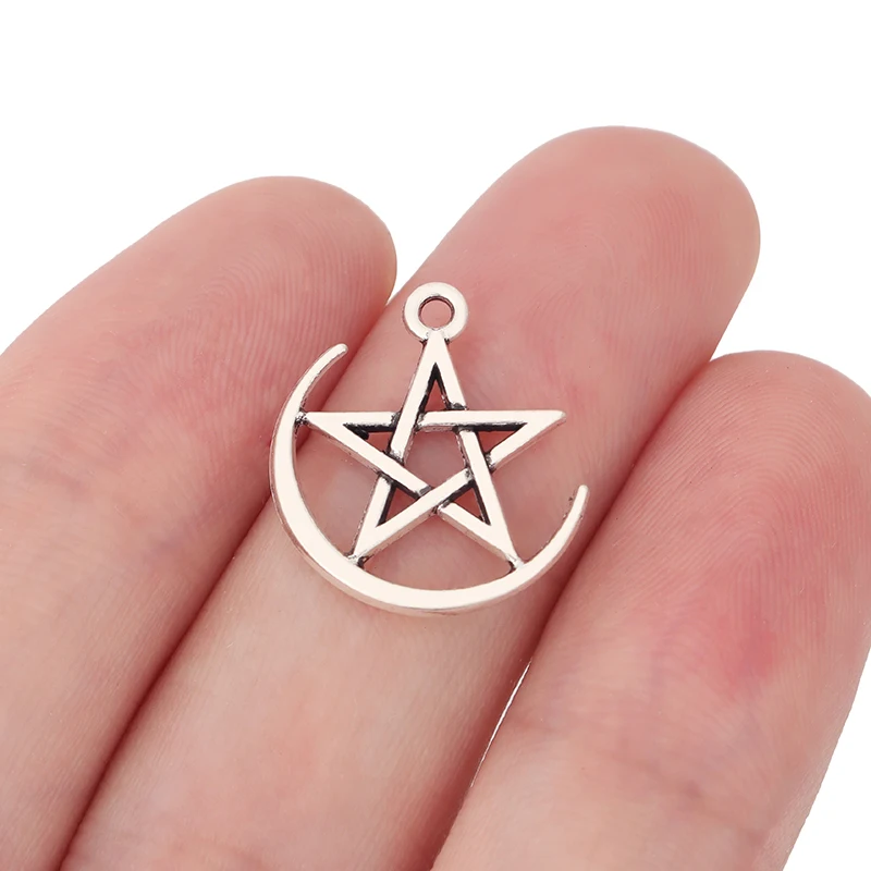 

10 x Tibetan Silver 2 Sided Pentagram Star Moon Crescent Charms Pendants for Necklace Bracelet Jewelry Making Findings 19x17mm