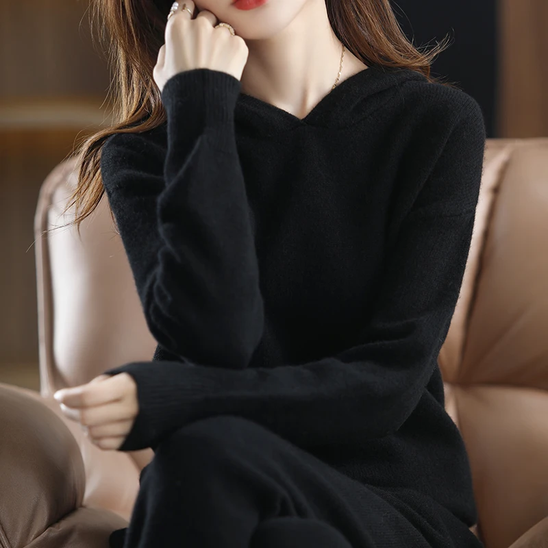 100% Cashmere Wool Set 22 New Women's Long Sleeve Hooded Sweater Casual Loose Knitted Long Wide Leg Pants Women's Pure Wool  sui 6