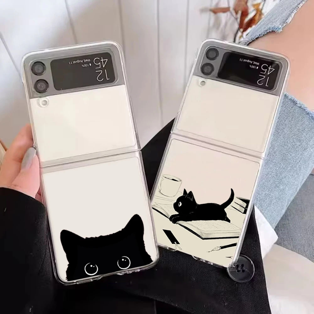 Adorable Black Cat Cartoon Phone Case - Hard Folding Cover