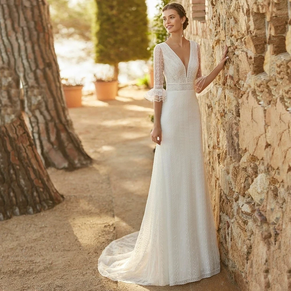 

Simple Sexy V-Neck Lantern Sleeve Bride Dresses Mermaid Women's Backless Robe Wedding Party Welcome Gowns Vestidos De Novia 2023