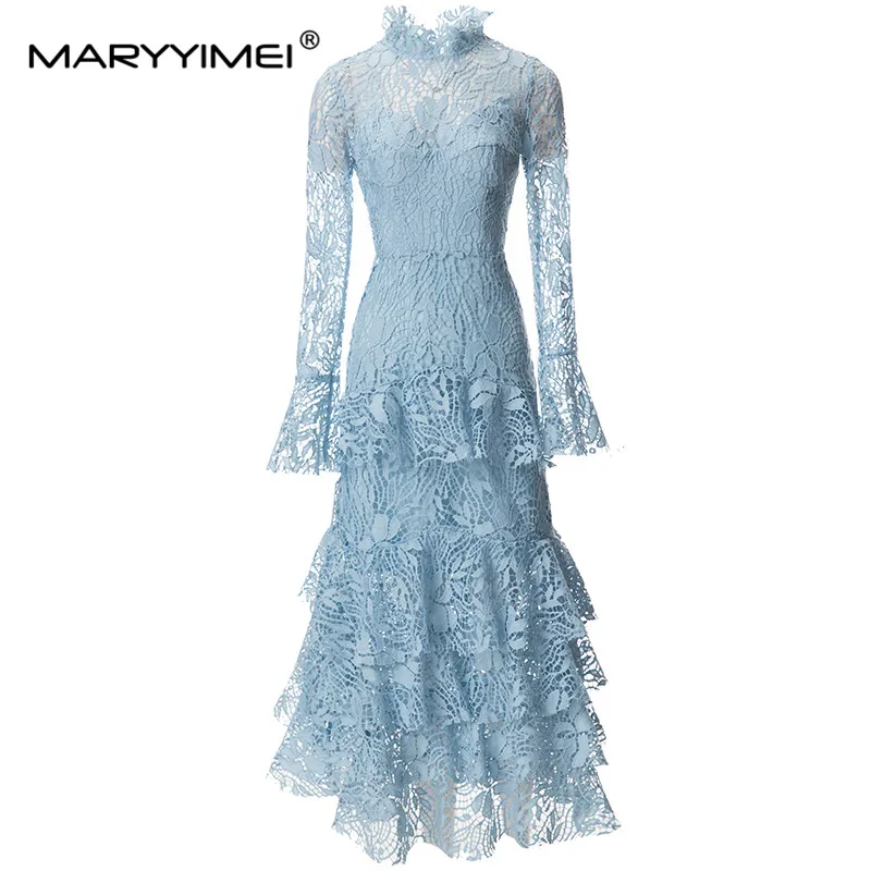 

MARYYIMEI Fashion Designer spring Summer Women's Ruffled Neck Flare Sleeve Tiered Ruffles Hollow Out Party Blue Dresses