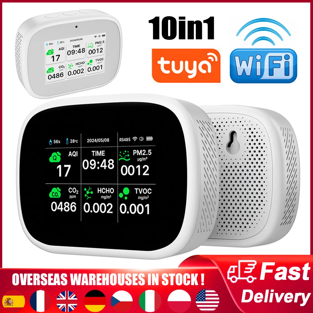 Monitor Qualità Dell'Aria 10 In 1 WiFi Tuya – Rileva CO₂, CO, HCHO, PM2.5, Temperatura E Umidità, Schermo TFT 2,8″, Batteria 24h, Allarme A Doppio Livello