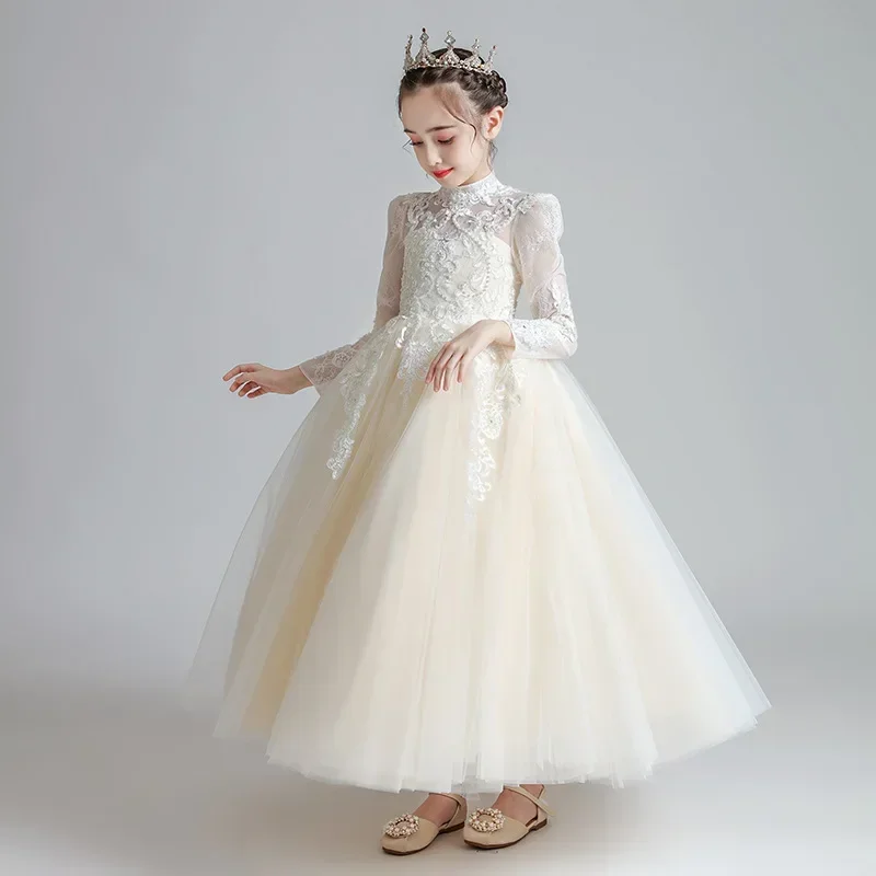 

Платье для девочек, новинка 2024, пышное газовое платье с длинными рукавами и цветами для девочек, свадебное платье, детское платье для выступления на пианино