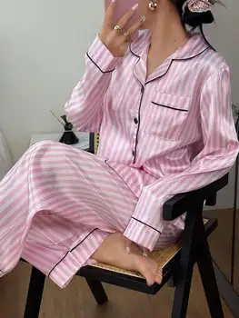 Women Striped Long Sleeve Pajama Set Pink Satin Sleepwear 1