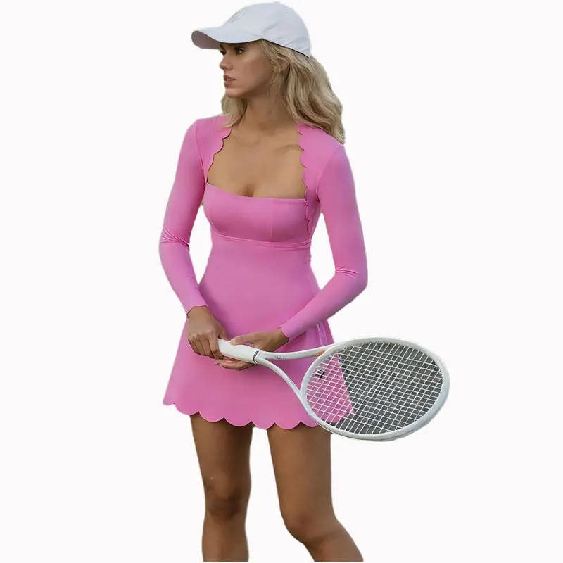 Autumn Winter New Women's Long Sleeve Wave Lace Golf Tennis Dress Pink Black Slim Fit Quick-Dry Outfit Yoga One-Piece Skits