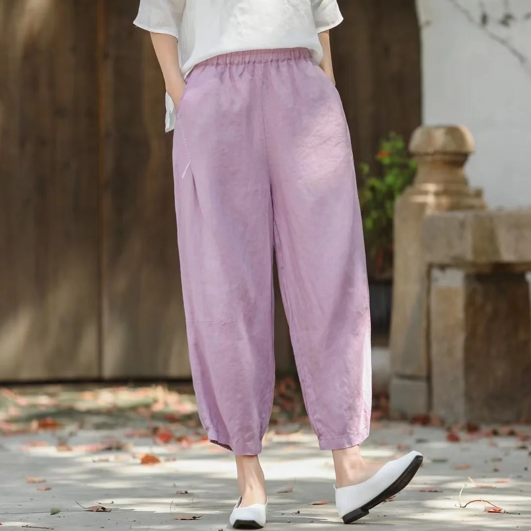 Women Linen Pants Ladies Elastic Waist Flax Pants Female Solid Color Embroidered Linen Trousers Summer Calf Length Pants FT91 denim capris