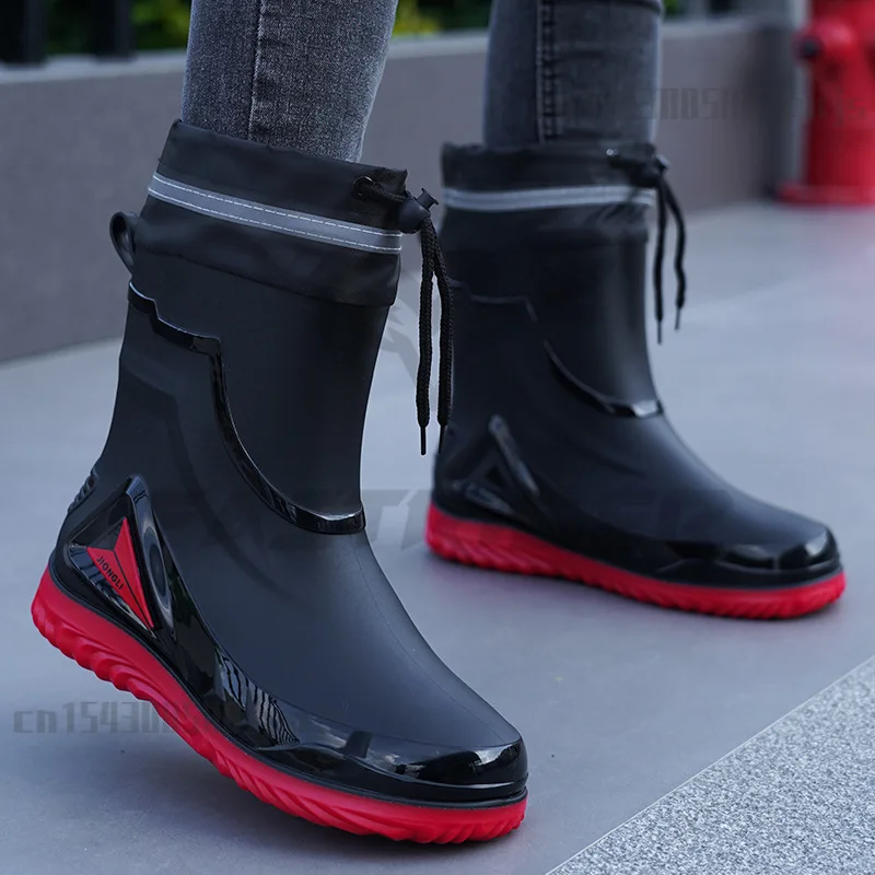 Rain Shoes Men's Drawstring New Waterproof Shoes Outdoor Waterpoor Boots Fishing Anti Slip Work Rubber Rain Boots