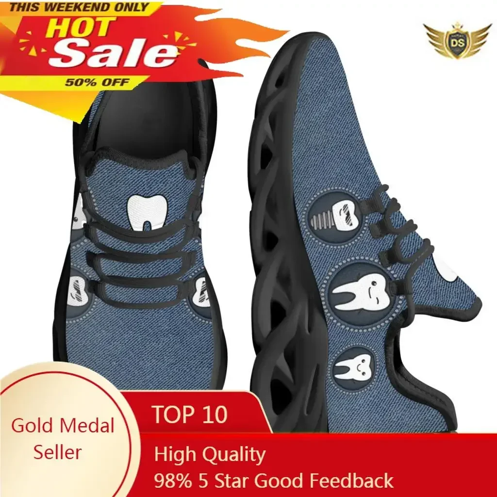 Funny Dentist Teeth Print Women's Flat Shoes Blue Lace-up Sneaker Summer Breathable Kint Footwear For Teen Girls