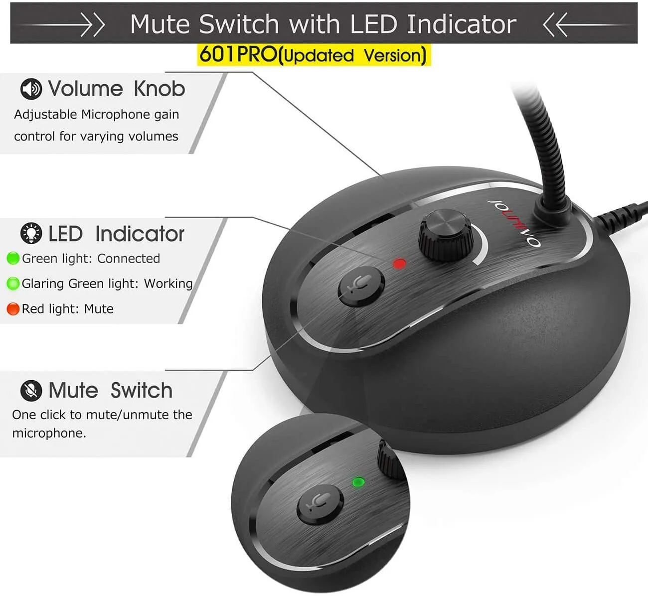 Omnidirectional USB Microphone with Gooseneck Flexibility, Mute Control & LED Indicator, Noise-Canceling, Easy Plug & Play Setup