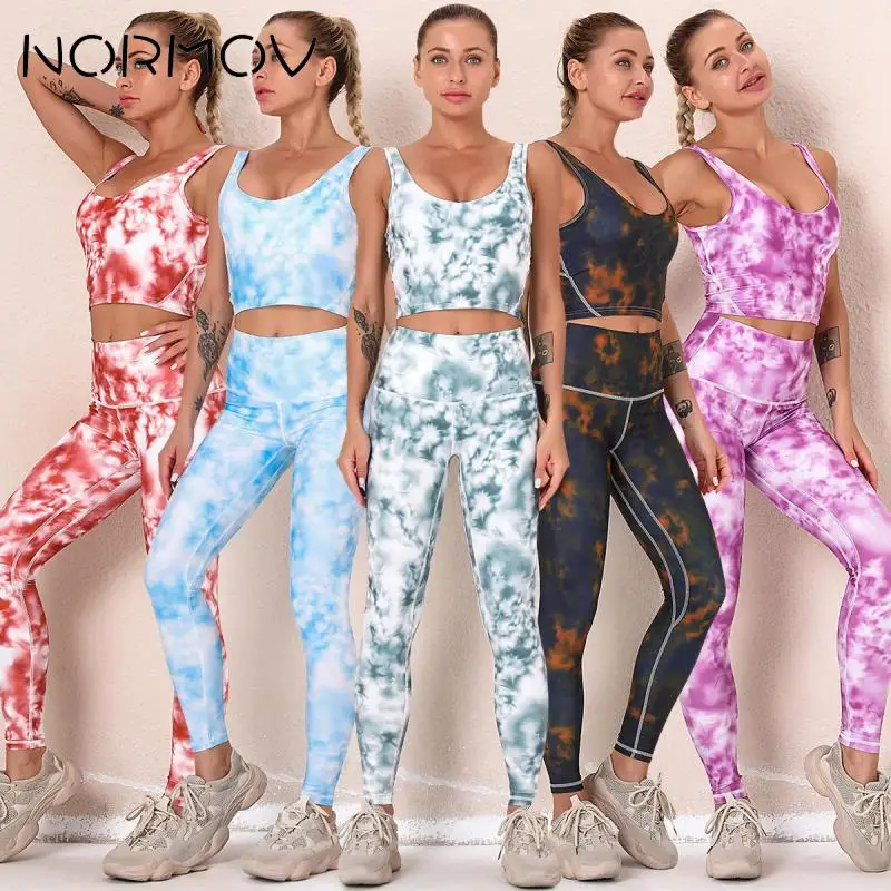 

NORMOV Tie Dyeing Yoga Set Woman Seamless Gym Sets Women Push Up Female Sports Set High Waist Buttocks Tracksuit Ladies Print