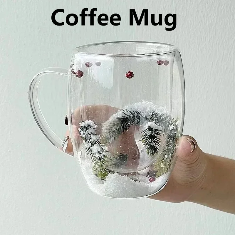 Glass Cup 350ml Coffee Mug Artificial Flower Glass Double-Walled Durable Espresso Heat Insulated Quicksand Transparent Water Cup Drinkware