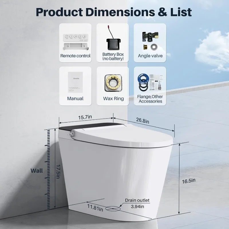 Smart Toilet with Built-in Tank & Bidet Auto Open/Close Foot Sensor Flush Dryer Heated Seat Soft Close Elongated 6