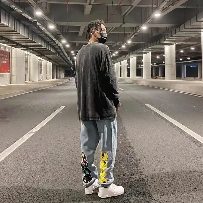 Men Summer Denim Jeans Straight Hip-Hop Punk Wide-leg Pants Vintage Casual Full Length Streetwear Cotton Male Fashion Trousers