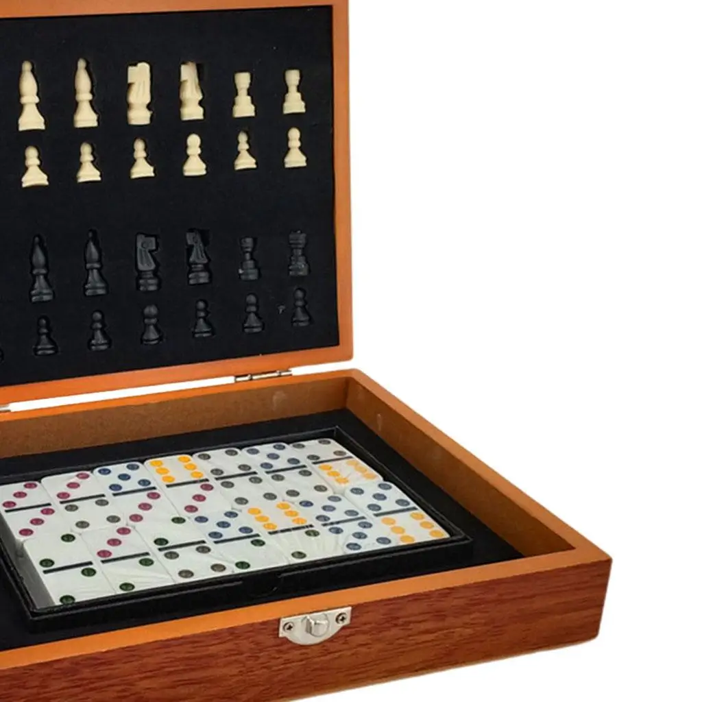 Chess and Dominoes Set Board Games Entertainment Chess 4cm King Size Portable Foldable Wooden Set for Family
