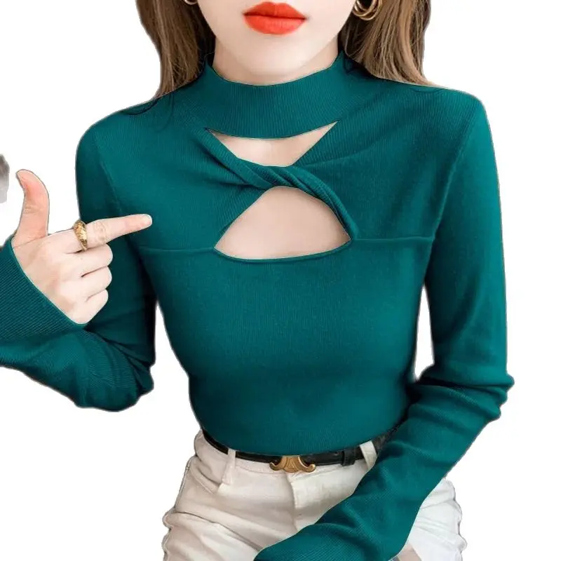 

Longsleeved Half-turtleneck Sweater Autumn/Winter 2023 New Slim Hollow Sweater Personality Foreign Style Bottoming Shirt Blouse