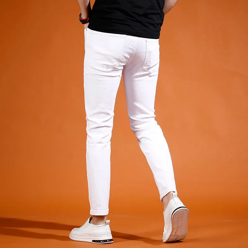 Summer White Ankle-Length Pants Men Ripped Jeans Streetwear Casual Solid Color Slim Fit Denim Trousers