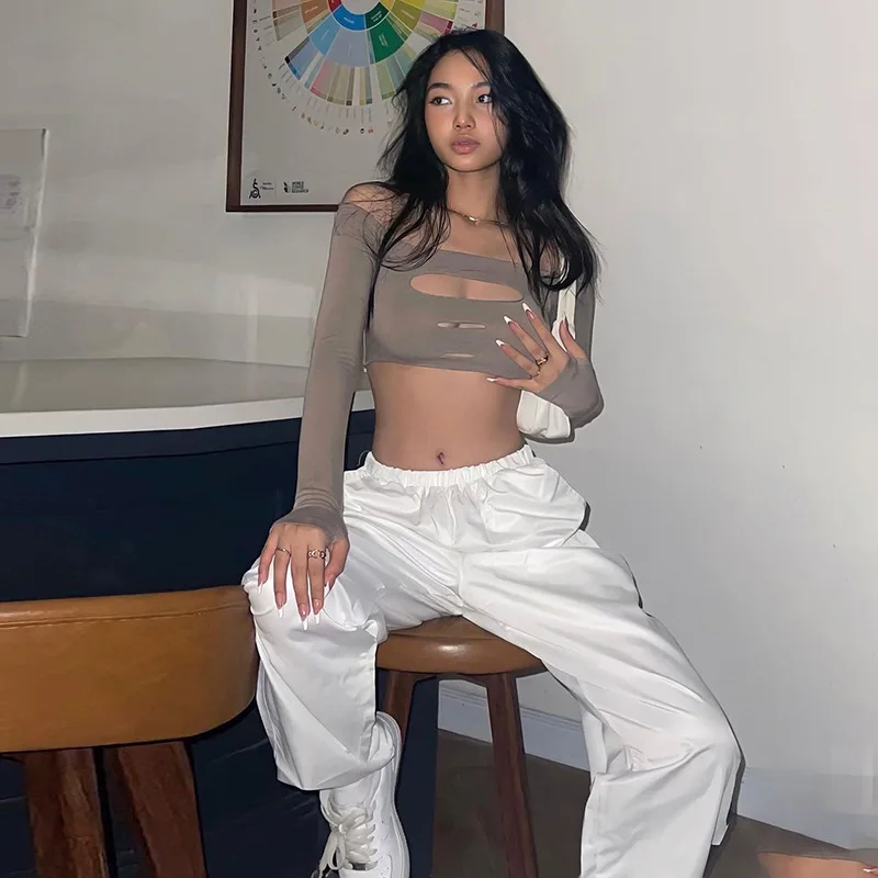 

2023 Summer New Women's Solid One Shoulder Fashion Sexy Hollow Long Sleeve Short Top