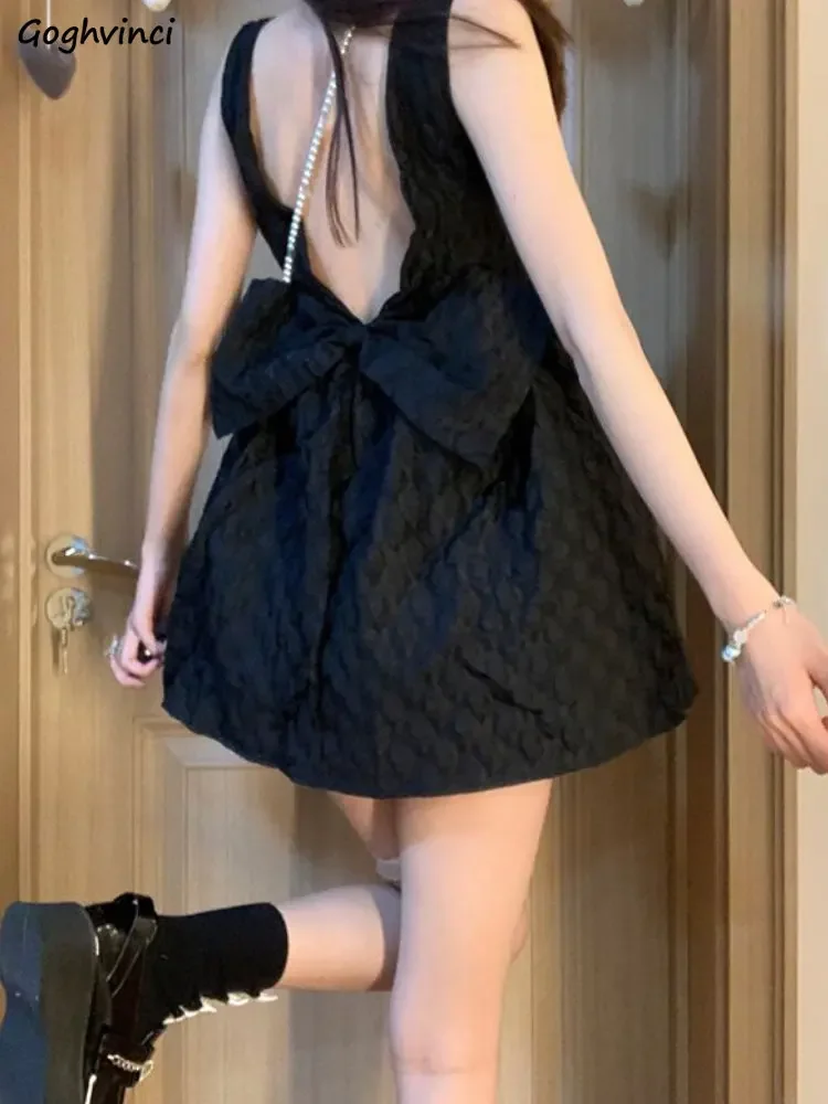 

Black Straps Mini Dresses Women Backless Sweet Ball Gown Princess Fashion Solid Tender Vestidos Girlish Korean Style Chic Teens