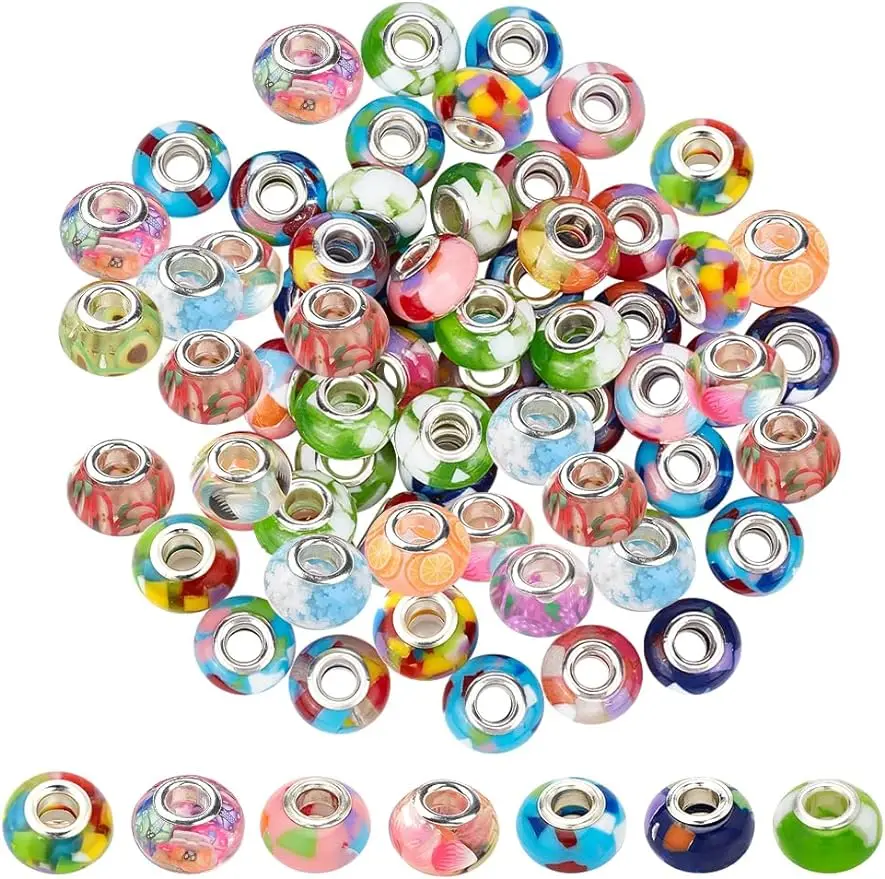 

70Pcs 7Colors European Beads Rondelle Spacer Beads SplicingColors Resin Spacer Beads Assorted Large Hole Craft Bead Small