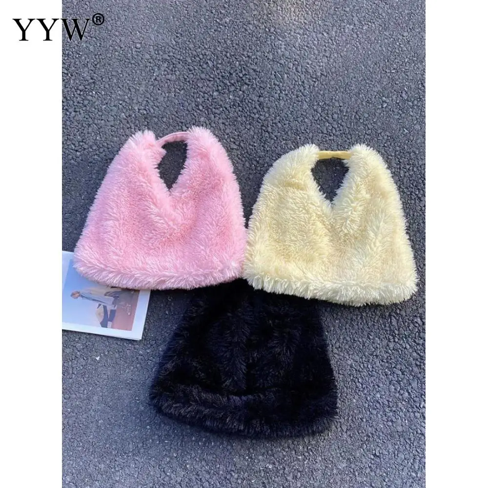 Punk Faux Fur Women's Purse Handbags 2023 New Designer Brand Girls Faux Lamb Wool female Underarm Bag Soft Furry Female Tote Bag