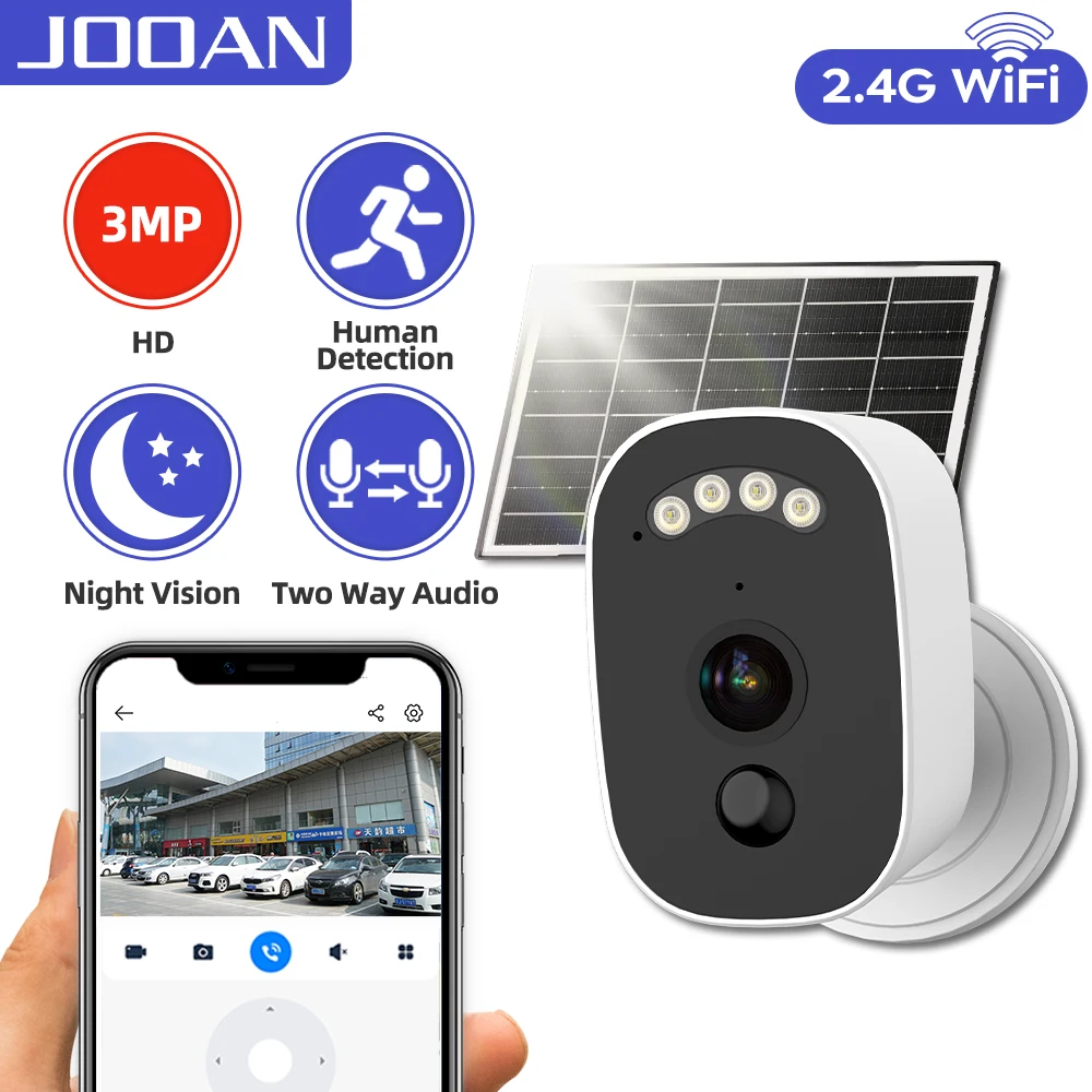 JOOAN 3MP WiFi 태양광 카메라 야외 인체 감지 보안 IP 카메라 야간 투시경 방수 저전력 배터리 카메라