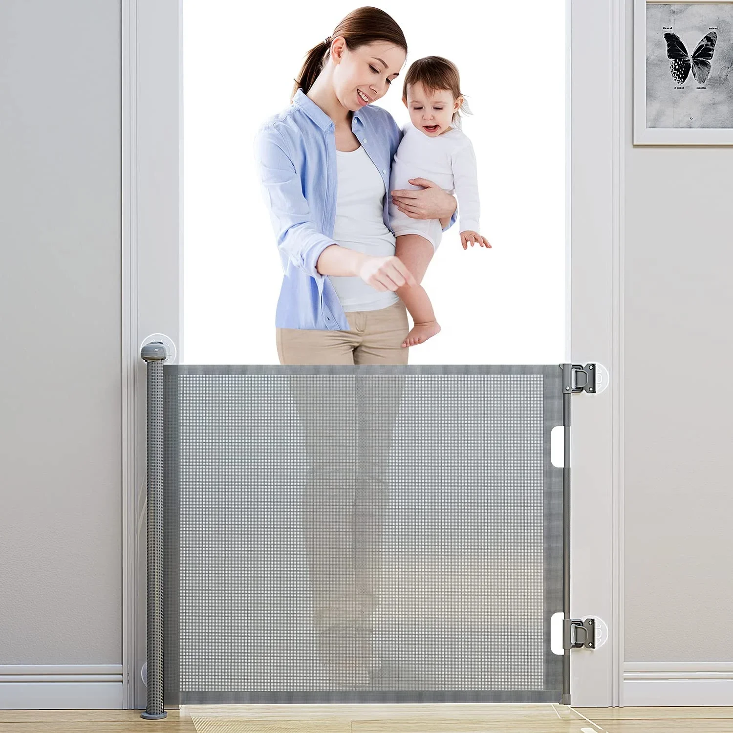 Punch-Free Install Retractable Baby Stair Gate Dog Gate for Indoor and Outdoor No Punching and No Wall