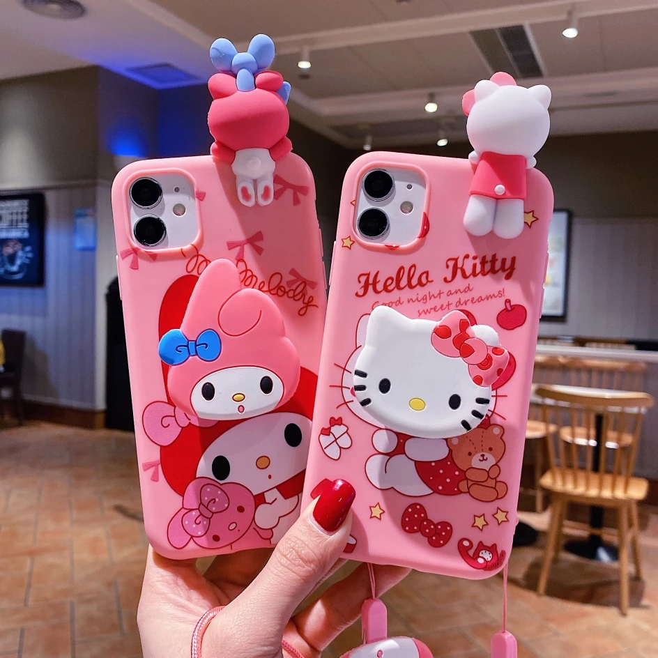 My Melody Hello Kitty For iPhone 6 6s 7 8 X Xs Max XR 11 12 13 14 15 Pro SE Max Case TPU Soft Phone Case With Holder Strap Rope