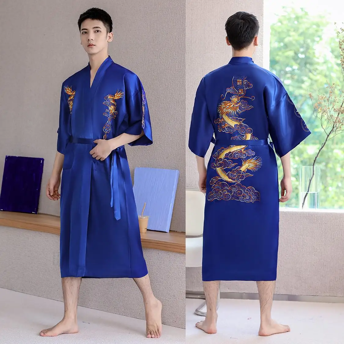 Sleepwear Men Robe Embroidery Dragon Summer Kimono Bath Gown Sexy Nightwear Loose Bathrobe Lingerie V-Neck Oversized Loungewear mens silk pajamas Men's Sleep & Lounge