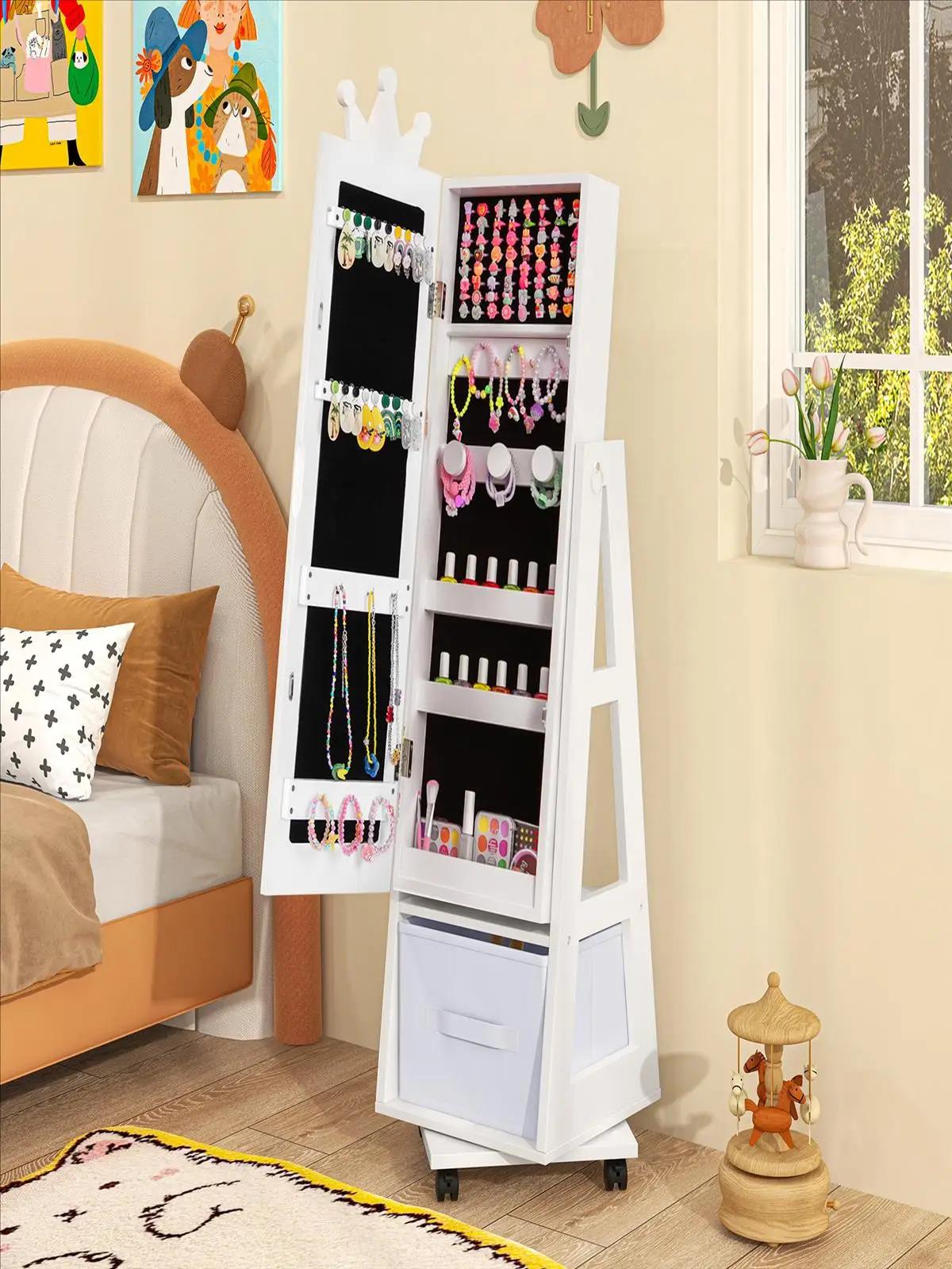 Kinder-Schmuckschrank, Freistehender Ganzkörperspiegel mit Drehbarem Standfuß und Abschließbaren Universalrädern – Detail 1