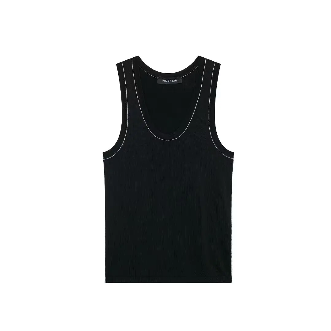 thumbnail image 1 of HH TRAF Top de jersey con cuello redondo sin mangas y ribete de color contrastante para mujer, elegante chaleco informal de punto de 5 colores, 1 of 5