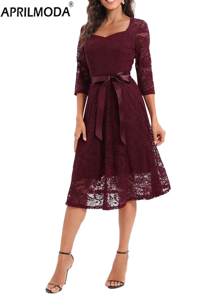 2024 Mezza Manica Summer Lace Party Short Ladies Dress Elegante Office Retro Vintage Flare Tea Cocktail Swing Flare Dresses