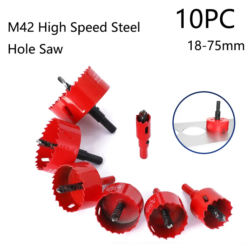 

10Pcs 18-75mm Bimetal M42 Hole Saw Set HSS Steel Drill Bit Woodworking Tool For Gypsum Board Downlight PVC Pipe Opening