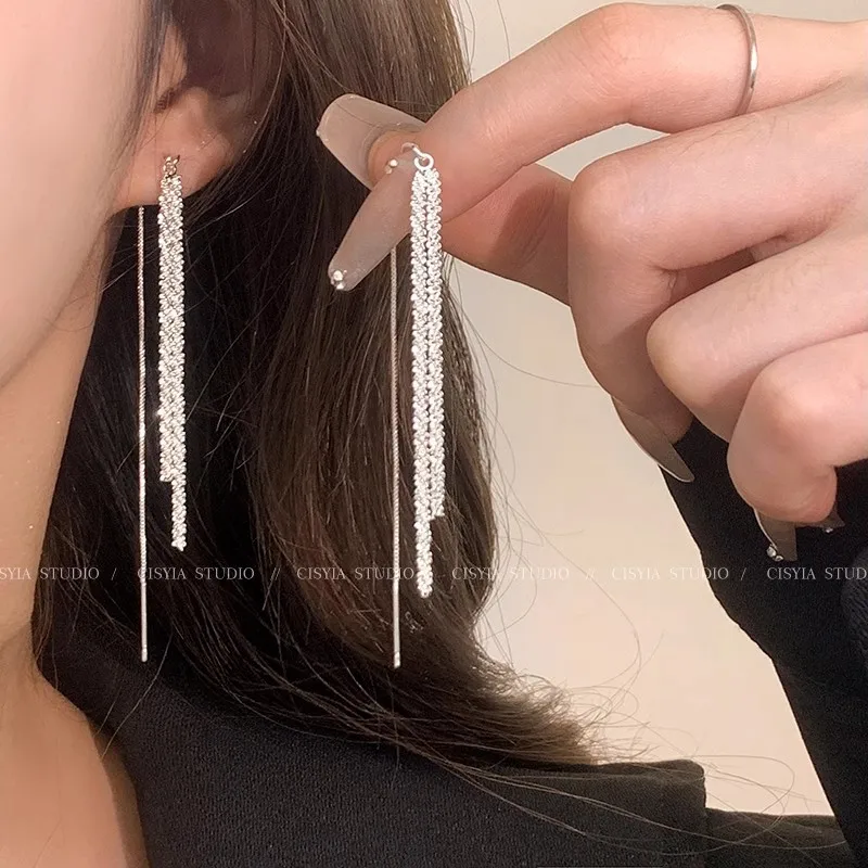 Classic Fashion Long Tassels Shiny Silver Color Drop Dangle Earrings for Women Luxury Wedding Bride Korea Earring Jewelry Gifts