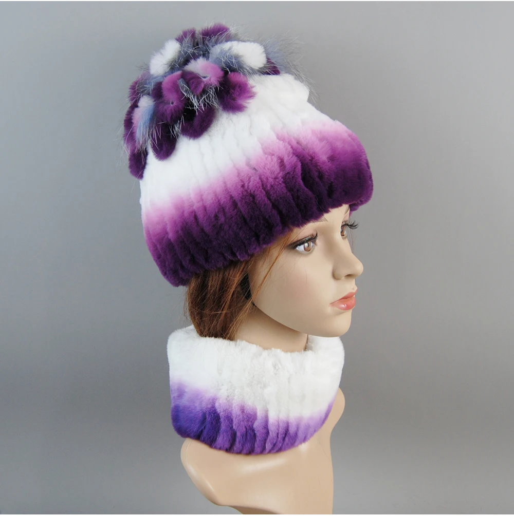 Real Rex Rabbit Fur Hat And Scarf Set Women Winter Knitted Beanie Hat Natural Fur Skullies Beanies Woman Hat Female Cap Elastic