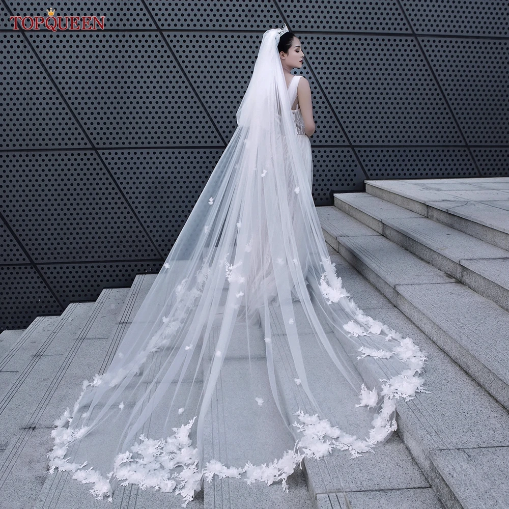 3d Flowers Wedding Veils for Bride Luxury Cathedral Lace Floral