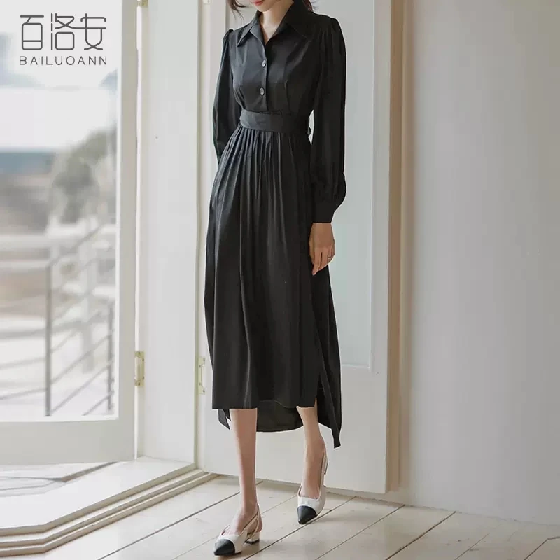 

Fashion high waist lace-up dress female spring 2023 new temperament lapel long sleeve A-word long skirt