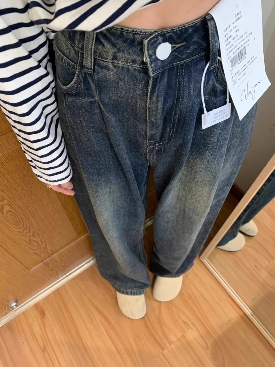 Retro Wide Leg Denim Jeans Women's Spring Autumn Cement ey Loose Fit High Waist Large Size Straight Leg Pants American Sle