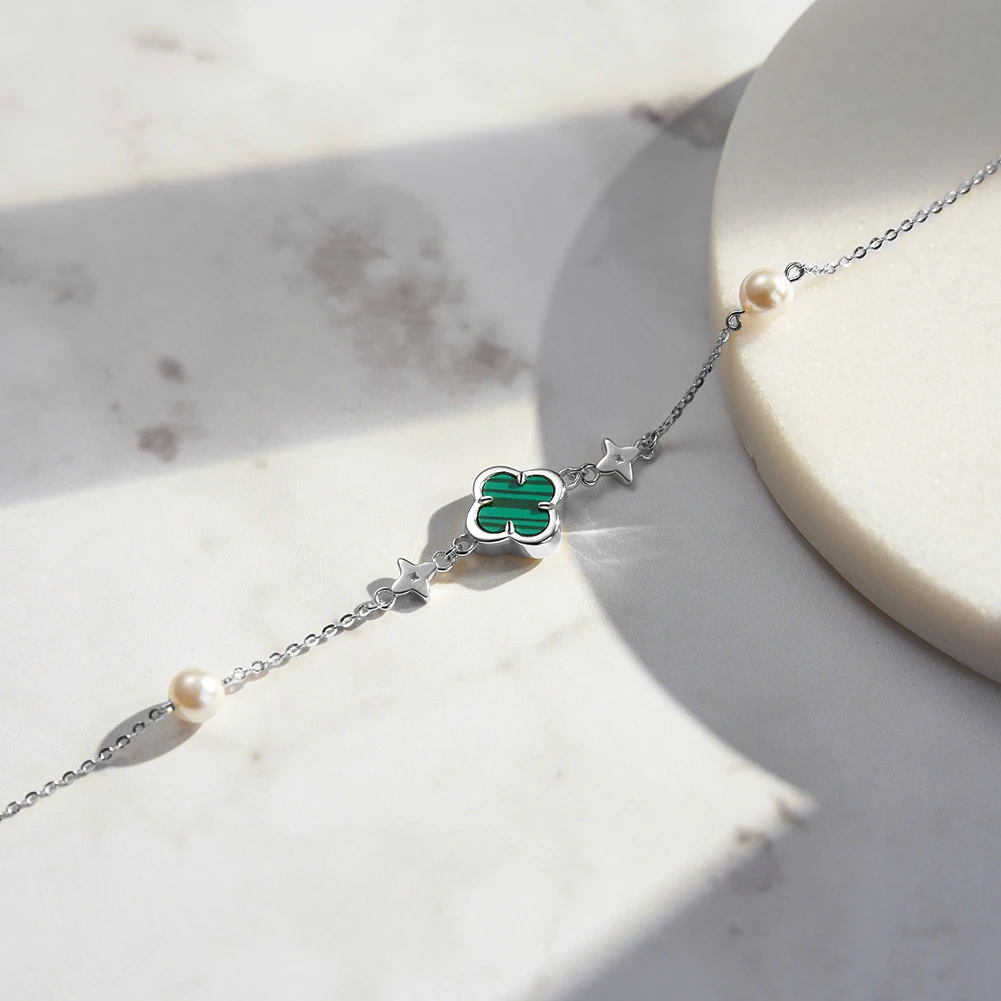 Silver Green Shell Four-Leaf Clover Bracelet O-Chain With Pearl