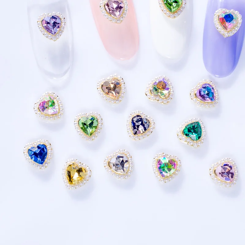 10Pcs 네일 진주 디자인 매력 보석 7.5x8mm 하트 네일 디자인 라인 석 매니큐어 용품 네일 아트 장식