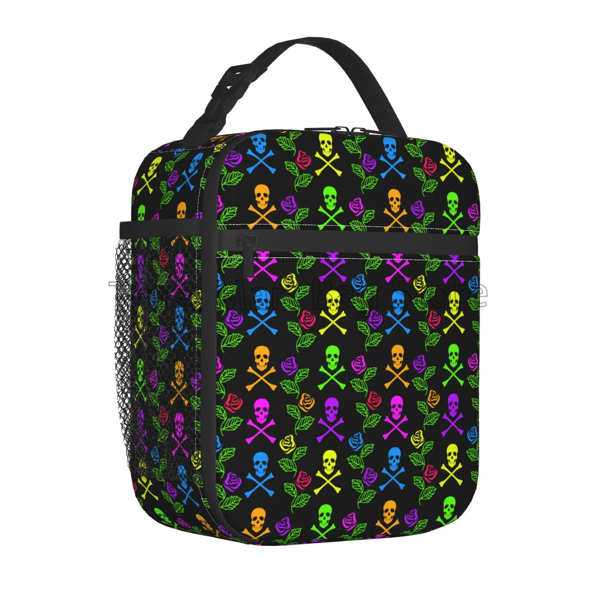 

Colorful Skull Flowers Insulated Lunch Bag Portable Waterproof Oxford Lunch Box Thermal Cooler Bento Tote for Work Travel Picnic