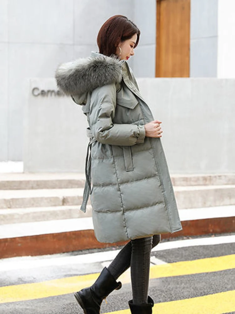 2023-new-hooded-large-fur-collar-90-white-duck-down-jacket-women-mid-length-waistband-versatile-thick-high-end-design-coat