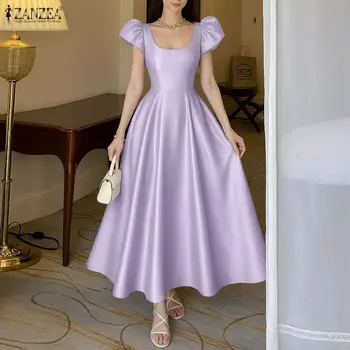 Elegante Abito da Festa a Linea A ZANZEA, Vestito Lungo in Raso da Donna alla Moda, Vestito Estivo a Vita Alta Slim Fit con Maniche Corte e Pieghe