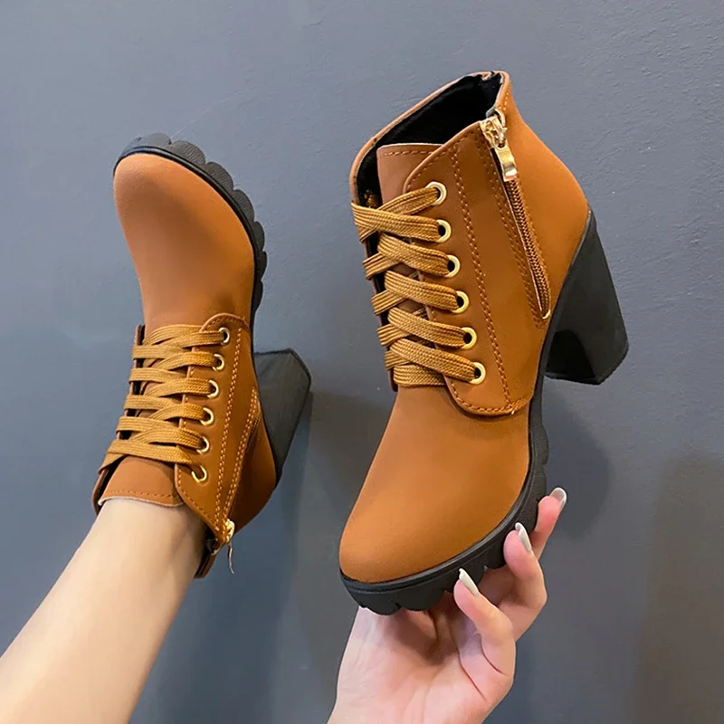 Autumn 2023 Women's Boots Thick Heeled Ankle Boots Women High Heel Platform Boots Female Snow Boots Lace-Up Fashion Boots botas